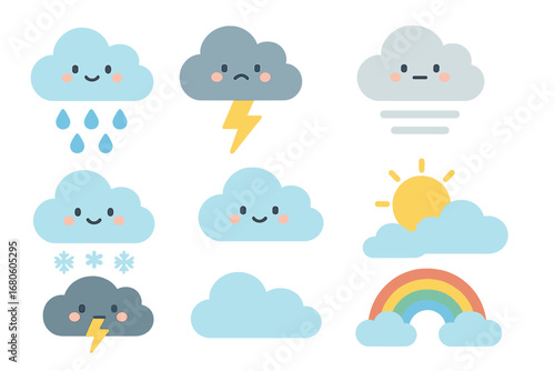 Weather Icon Grid. Flat vector mini-illustrations weather with clouds in colors children's illustrations: rainy cloud,