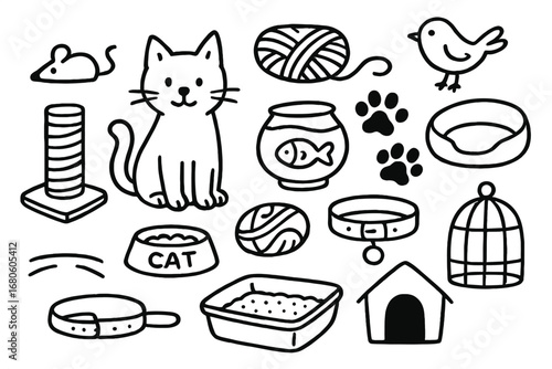 Pet Cat Essentials. Hand-drawn doodle illustration family pet cat, mouse toy, scratching post, yarn ball, food bowl, fish bowl,