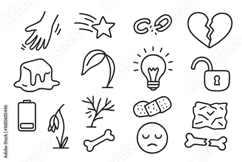 Symbols of Fragility. Hand-drawn doodle illustration losing grip slipping hand, falling star, broken chain, cracked heart, melting