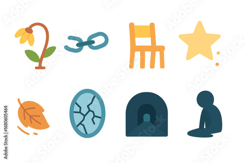 Symbols of Hopelessness. Flat vector mini-illustrations symbols of hopelessness in colors children's illustrations: wilted flower,