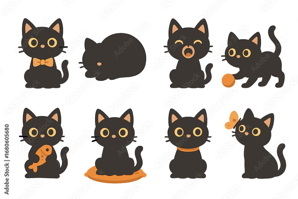 Obraz premium Playful Cats & Owls. Flat vector mini-illustrations cute black cat in colors children's illustrations: black cat with bow tie,