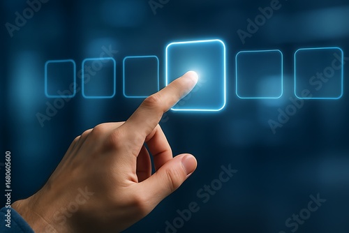 Hand pressing glowing digital button on futuristic virtual screen interface representing modern technology innovation choices business concept interactive touch innovation design abstract 
