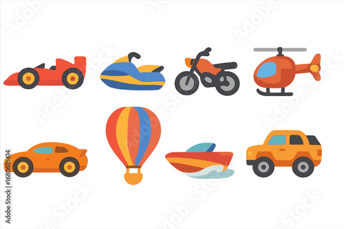 Thrill Vehicle Icons. Flat vector mini-illustrations thrill vehicles in colors children's illustrations: race car, jet ski,