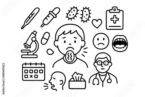 Throat Ailment Doodles. Hand-drawn doodle illustration throat inflammation throat, thermometer, syringe, pill, microscope, cross,
