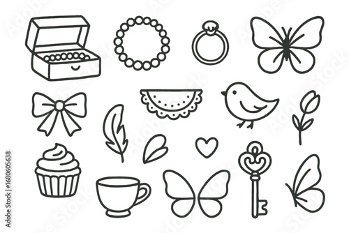 Tiny Treasures Doodle. Hand-drawn doodle illustration tiny treasures jewelry box, pearl necklace, dainty ring, butterfly, ribbon