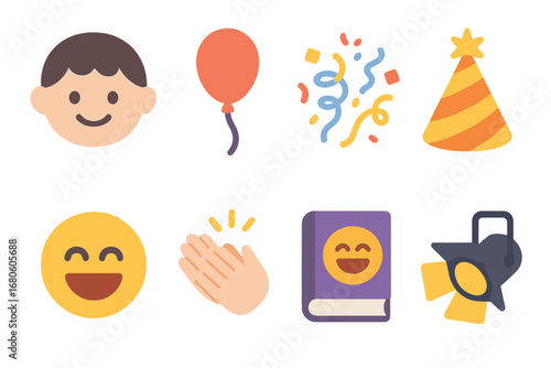 Playful Celebration Icons. Flat vector mini-illustrations funny moments in colors children's illustrations: smiling child, balloon