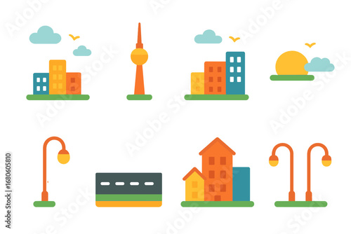 TV Tower Sunset Cityscape. Flat vector mini-illustrations TV tower cityscape in colors children's illustrations: city skyline, TV