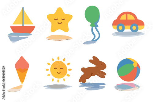 Playful Shadow Icons. Flat vector mini-illustrations shadow effects and shapes in colors children's illustrations: elongated