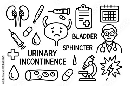 Urinary Health Icons. Hand-drawn doodle illustration urinary tract urinary incontinence bladder, sphincter, urethra, kidneys,
