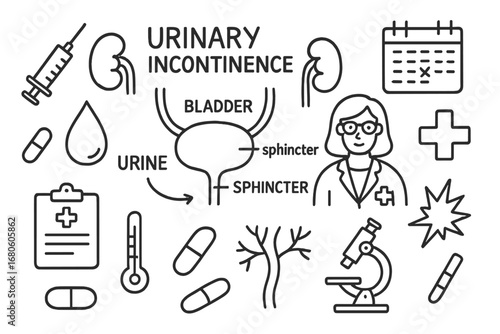 Urinary Health Icons. Hand-drawn doodle illustration urinary tract urinary incontinence bladder, sphincter, urethra, kidneys,