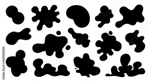 A diverse collection of amorphous black spots and freeform abstract shapes. Isolated vector graphics ideal for creating unique patterns or modern designs.