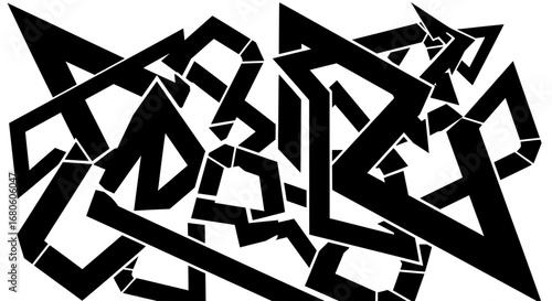 A bold black and white abstract background with a complex pattern of sharp, interlocking geometric shapes. Modern vector illustration inspired by graffiti art.
