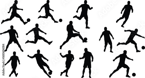 Silhouettes of soccer players kicking ball, football athletes in action, sport game movement, men playing soccer, dynamic soccer poses, outdoor football training illustration