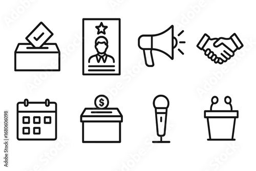 Presidential Campaign Icons. Outline icon set of presidential campaign: voting ballot, campaign poster, megaphone, handshake,