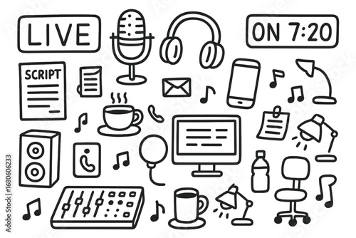 Radio Show Essentials. Hand-drawn doodle illustration Live radio show microphone, headphones, script, timer, soundboard, phone,