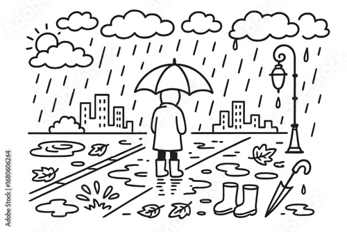 Rainy Cityscape Doodle. Hand-drawn doodle illustration Alone in a rainy cityscape person with umbrella, puddles, raindrops, rain