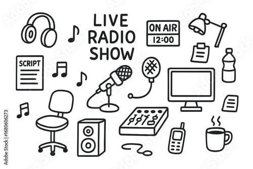 Radio Show Essentials. Hand-drawn doodle illustration Live radio show microphone, headphones, script, timer, soundboard, phone,