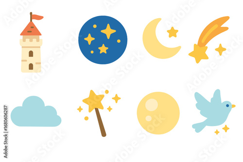 Whimsical Night Icons. Flat vector mini-illustrations ivory tower and dreams in colors children's illustrations: starry sky, moon,
