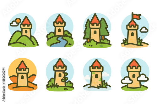 Whimsical Turret Scenes. Flat vector mini-illustrations turret environments in colors children's illustrations: castle turret on