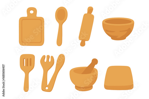 Wooden Kitchen Tools. Flat vector mini-illustrations wooden kitchen items in colors children's illustrations: cutting board,