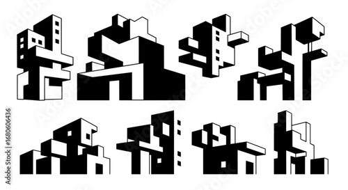 A set of isolated black and white vector icons. Features various abstract geometric buildings and architectural structures for modern design projects.