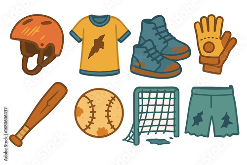 Worn Sports Gear Icons. Flat vector mini-illustrations worn sports gear in colors children's illustrations: scratched helmet, torn