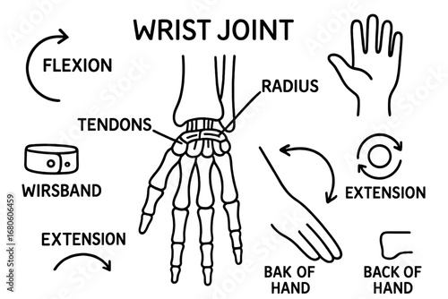 Wrist Joint Diagram. Hand-drawn doodle illustration wrist wrist joint, radius bone, ulna bone, carpal bones, hand outline, flexion