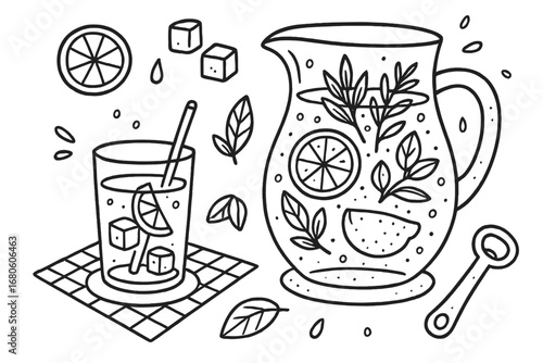 Refreshing Drink Doodle. Hand-drawn doodle illustration water carafe with fresh garnish water carafe, glass, lemon slice, ice