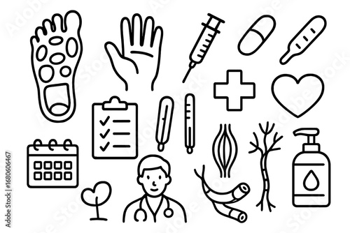 Reflexology Elements Doodle. Hand-drawn doodle illustration foot foot reflexology foot, hand, reflex points, syringe, pill,