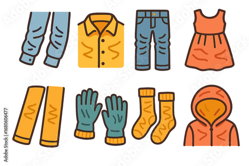 Wrinkled Clothes Icons. Flat vector mini-illustrations wrinkles on clothes in colors children's illustrations: wrinkled shirt