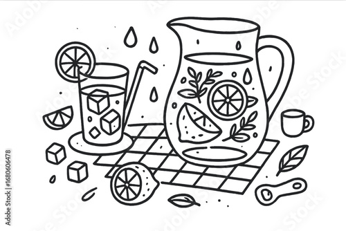 Refreshing Drink Doodle. Hand-drawn doodle illustration water carafe with fresh garnish water carafe, glass, lemon slice, ice