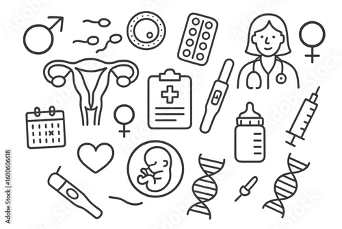Reproductive Health Sketch. Hand-drawn doodle illustration Sexual health and reproduction sperm, egg cell, contraception pill,
