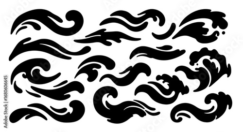 Collection of stylized ocean wave and water splash silhouettes. This set of abstract black vector swirls is perfect for tattoo design, prints, and decoration.