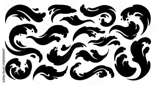 Collection of dynamic ocean wave and water splash silhouettes. Abstract black vector icons perfect for creative design, decoration, patterns, and tattoos.