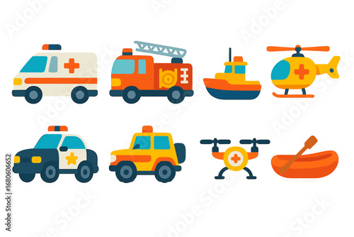 Rescue Vehicle Icons. Flat vector mini-illustrations rescue vehicles in colors children's illustrations: ambulance, fire truck,