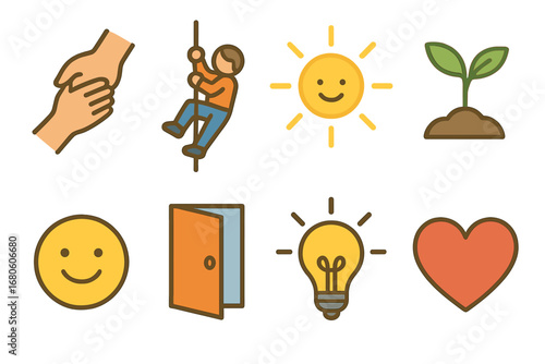 Icons of Resilience. Flat vector mini-illustrations overcoming hardship in colors children's illustrations: helping hand, climbing