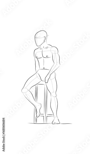 Hand-drawn pencil sketch of a man posing on a high stool in underwear as an artistic figure drawing model, featuring construction lines on a white background.