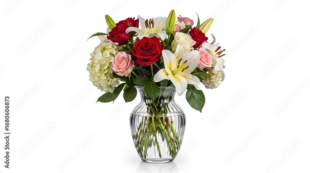 Obraz premium A vibrant bouquet of red roses, pink roses, white lilies, and white hydrangeas arranged in a clear glass vase, isolated on a white background.