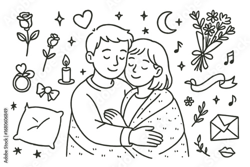 Romantic Doodle Icons. Hand-drawn doodle illustration winking love heart, wink face, rose, lips, cupid arrow, star, sparkle, gift