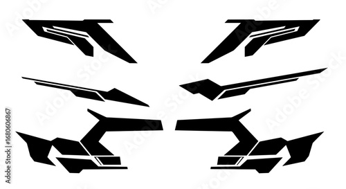 An aggressive and futuristic symmetrical vector graphic kit. Perfect for car vinyl wraps, boat decals, motorcycle styling, and automotive customization.