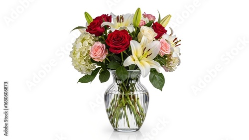 A vibrant bouquet of red roses, pink roses, white lilies, and white hydrangeas arranged in a clear glass vase, isolated on a white background.