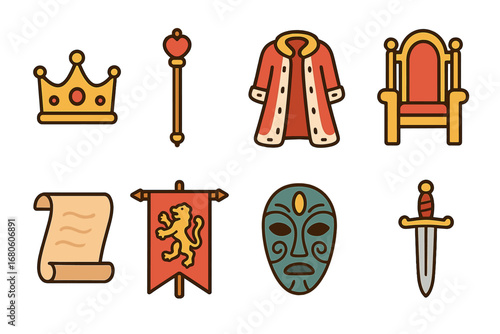 Royal Ceremony Icons. Flat vector mini-illustrations ceremonial ritual in colors children's illustrations: royal crown, scepter,