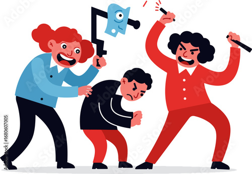 Concept of social conflict showing an intimidated person surrounded by angry aggressors, representing harassment and peer pressure