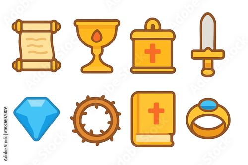 Sacred Artifacts Illustrations. Flat vector mini-illustrations hallowed artifacts in colors children's illustrations: ancient