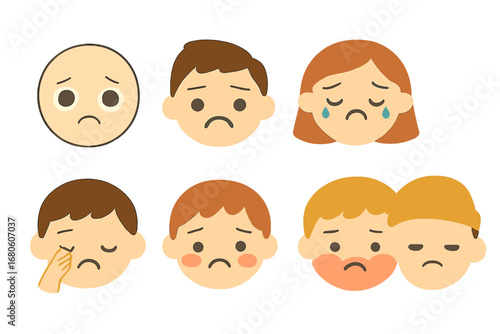 Sadness Emoji Icons. Flat vector mini-illustrations sadness facial expressions in colors children's illustrations: sad eyes, frown