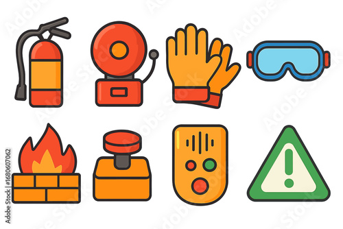 Safety and Energy Icons. Flat vector mini-illustrations safety and ignition in colors children's illustrations: fire extinguisher,