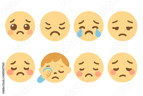 Sadness Emoji Icons. Flat vector mini-illustrations sadness facial expressions in colors children's illustrations: sad eyes, frown