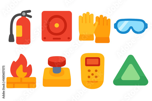 Safety and Energy Icons. Flat vector mini-illustrations safety and ignition in colors children's illustrations: fire extinguisher,