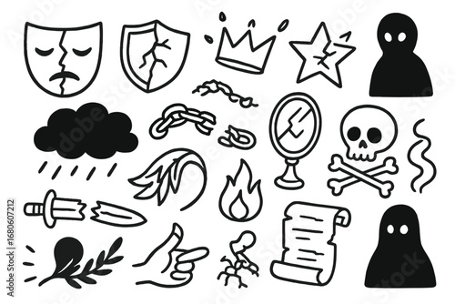Scandal and Secrets Icons. Hand-drawn doodle illustration scandal and infamy broken mask, cracked shield, fallen crown, shattered