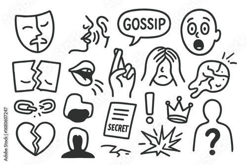 Scandal Doodle Icons. Hand-drawn doodle illustration scandal broken mask, whispering lips, spilled secret, gossip bubble, shocked